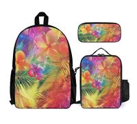 QWJKM Flowers And Palm Leaves Backpack Sets Travel Laptop Backpack with Insulated Lunch Bag Pencil Case Casual Daypack, White, 12x5.5x16.5 inches
