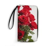 QWJKM Fresh Red Roses Leather Wallet for Men Women Slim Vertical Purse Long Wallet with Zipper Card Holder, white, 19.7x10.5cm