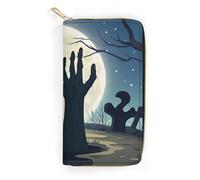 QWJKM Graveyard Ghost Hand Leather Wallet for Men Women Slim Vertical Purse Long Wallet with Zipper Card Holder, white, 19.7x10.5cm