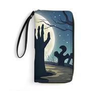 QWJKM Graveyard Ghost Hand Leather Wallet for Men Women Slim Vertical Purse Long Wallet with Zipper Card Holder, white, 19.7x10.5cm