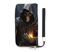 QWJKM Grim-Reaper Leather Wallet for Men Women Slim Vertical Purse Long Wallet with Zipper Card Holder, white, 20x10.5cm