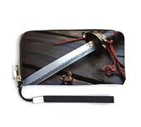 QWJKM Japan Samurai Sword Leather Wallet for Unisex Slim Pattern Purse Long Wallets Card Holder with Zipper, white, 20.0*10.5cm