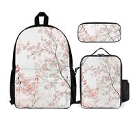 QWJKM Pink Flowers Backpack Sets Travel Laptop Backpack with Insulated Lunch Bag Pencil Case Casual Daypack, White, 12x5.5x16.5 inches