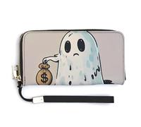 QWJKM Poor Ghost Leather Wallet for Unisex Slim Pattern Purse Long Wallets Card Holder with Zipper, white, 20.0*10.5cm