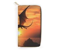 QWJKM Sea Sunset Flying Dragon Leather Wallet for Men Women Slim Vertical Purse Long Wallet with Zipper Card Holder, white, 19.7x10.5cm