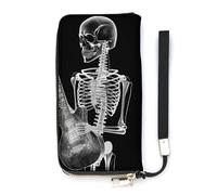 QWJKM Skull Skeleton Playing Guitar Leather Wallet for Men Women Slim Vertical Purse Long Wallet with Zipper Card Holder, white, 20x10.5cm