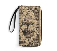 QWJKM Treasure Map Maritime Pirate Leather Wallet for Men Women Slim Vertical Purse Long Wallet with Zipper Card Holder, white, 19.7x10.5cm