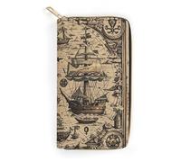 QWJKM Treasure Map Maritime Pirate Leather Wallet for Men Women Slim Vertical Purse Long Wallet with Zipper Card Holder, white, 19.7x10.5cm