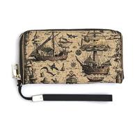 QWJKM Treasure Map Maritime Pirate Leather Wallet for Unisex Slim Pattern Purse Long Wallets Card Holder with Zipper, white, 20.0*10.5cm