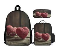 QWJKM Two Crocheted Hearts Backpack Sets Travel Laptop Backpack with Insulated Lunch Bag Pencil Case Casual Daypack, White, 12x5.5x16.5 inches