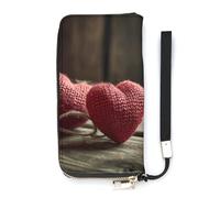 QWJKM Two Crocheted Hearts Leather Wallet for Men Women Slim Vertical Purse Long Wallet with Zipper Card Holder, white, 20x10.5cm
