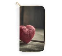 QWJKM Two Crocheted Hearts Leather Wallet for Men Women Slim Vertical Purse Long Wallet with Zipper Card Holder, white, 19.7x10.5cm
