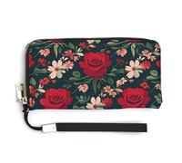 QWJKM Vintage Flower Red Rose Leather Wallet for Unisex Slim Pattern Purse Long Wallets Card Holder with Zipper, white, 20.0*10.5cm