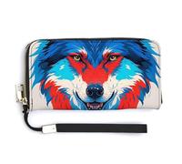 QWJKM Watercolor Blue Red Wolf Face Leather Wallet for Unisex Slim Pattern Purse Long Wallets Card Holder with Zipper, white, 20.0*10.5cm