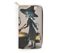 QWJKM Witch And The Cauldron Leather Wallet for Men Women Slim Vertical Purse Long Wallet with Zipper Card Holder, white, 19.7x10.5cm