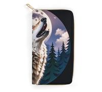 QWJKM Wolves Howl at The Moon Leather Wallet for Men Women Slim Vertical Purse Long Wallet with Zipper Card Holder, white, 19.7x10.5cm