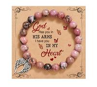 QWNHONEY Memorial Gifts for Loss of Loved Sympathy Remembrance In Memory of Mother Father Pet Bereavement Grief Pink Red Beads Bracelet with Angle Wings Jewelry Gifts for Women, 6.5 inches to 7.5