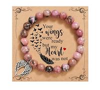 QWNHONEY Memorial Gifts for Loss of Loved Sympathy Remembrance In Memory of Mother Father Pet Bereavement Grief Pink Red Beads Bracelet with Angle Wings Jewelry Gifts for Women, 6.5 to 7.5 inches
