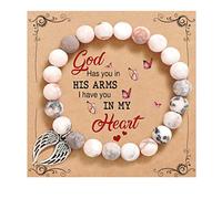 QWNHONEY Memorial Gifts for Loss of Loved Sympathy Remembrance In Memory of Mother Father Pet Bereavement Grief Pink Red Beads Bracelet with Angle Wings Jewelry Gifts for Women, About 6.5 to 7.5