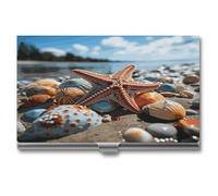 QWNMD Business Card Case Box Buckle Style Shut Metal Business Card Holder Colorful Starfish on The Beachprinted Slim Purse Name Card Holders for Business Cards Men Women