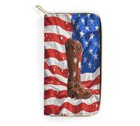 QWNMD Leather Wallets for Women American Flag with Cowboy Boots Printed Wallet Purse Card Holder with Zipper Leather Clutch Wallet, American Flag with Cowboy Boots, 7.8 x 4.1 x 1.4 inches, Modern