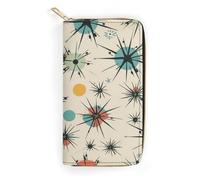 QWNMD Leather Wallets for Women Atomic Stars Retro Pattern Printed Wallet Purse Card Holder with Zipper Leather Clutch Wallet, Atomic Stars Retro Pattern, 7.8 x 4.1 x 1.4 inches, Modern