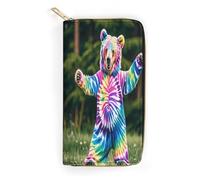 QWNMD Leather Wallets for Women Bear Dancing Tie Dye Printed Wallet Purse Card Holder with Zipper Leather Clutch Wallet, Bear Dancing Tie Dye, 7.8 x 4.1 x 1.4 inches, Modern