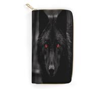 QWNMD Leather Wallets for Women Black Red Eyed Wolf Printed Wallet Purse Card Holder with Zipper Leather Clutch Wallet, Black Red Eyed Wolf, 7.8 x 4.1 x 1.4 inches, Modern