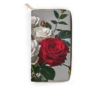 QWNMD Leather Wallets for Women Black White And Red Roses Printed Wallet Purse Card Holder with Zipper Leather Clutch Wallet, Black White And Red Roses, 7.8 x 4.1 x 1.4 inches, Modern