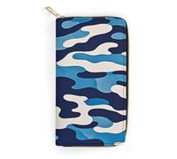 QWNMD Leather Wallets for Women Blue Camouflage Print Printed Wallet Purse Card Holder with Zipper Leather Clutch Wallet, Blue Camouflage Print, 7.8 x 4.1 x 1.4 inches, Modern