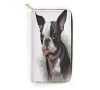 QWNMD Leather Wallets for Women Boston Terrier Printed Wallet Purse Card Holder with Zipper Leather Clutch Wallet, Boston Terrier, 7.8 x 4.1 x 1.4 inches, Modern