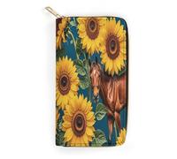 QWNMD Leather Wallets for Women Brown Horse Sunflower Yellow Flower Printed Wallet Purse Card Holder with Zipper Leather Clutch Wallet, Brown Horse Sunflower Yellow Flower, 7.8 x 4.1 x 1.4 inches,