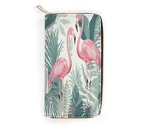 QWNMD Leather Wallets for Women Cartoon Flamingo Leaves Printed Wallet Purse Card Holder with Zipper Leather Clutch Wallet, Cartoon Flamingo Leaves, 7.8 x 4.1 x 1.4 inches, Modern