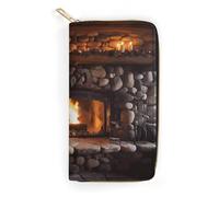 QWNMD Leather Wallets for Women Christmas Rock Stone Fireplace Pattern Wooden Mantel Printed Wallet Purse Card Holder with Zipper Leather Clutch Wallet, Christmas Rock Stone Fireplace Pattern Wooden