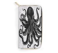 QWNMD Leather Wallets for Women Classic Black Octopus Printed Wallet Purse Card Holder with Zipper Leather Clutch Wallet, Classic Black Octopus, 7.8 x 4.1 x 1.4 inches, Modern