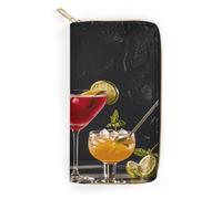 QWNMD Leather Wallets for Women Cocktail Glasses And Wine Bottles Printed Wallet Purse Card Holder with Zipper Leather Clutch Wallet, Cocktail Glasses And Wine Bottles, 7.8 x 4.1 x 1.4 inches, Modern