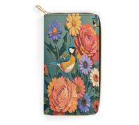 QWNMD Leather Wallets for Women Colorful Flowers And Bird Printed Wallet Purse Card Holder with Zipper Leather Clutch Wallet, Colorful Flowers And Bird, 7.8 x 4.1 x 1.4 inches, Modern