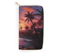 QWNMD Leather Wallets for Women Colorful Tropical Sunset Printed Wallet Purse Card Holder with Zipper Leather Clutch Wallet, Colorful Tropical Sunset, 7.8 x 4.1 x 1.4 inches, Modern
