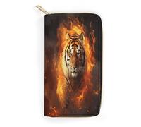 QWNMD Leather Wallets for Women Cool Tiger in Flame Printed Wallet Purse Card Holder with Zipper Leather Clutch Wallet, Cool Tiger in Flame, 7.8 x 4.1 x 1.4 inches, Modern