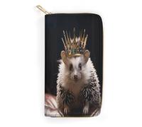 QWNMD Leather Wallets for Women Crown with Hedgehog Printed Wallet Purse Card Holder with Zipper Leather Clutch Wallet, Crown with Hedgehog, 7.8 x 4.1 x 1.4 inches, Modern