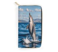 QWNMD Leather Wallets for Women Cute Dolphin Jumping Printed Wallet Purse Card Holder with Zipper Leather Clutch Wallet, Cute Dolphin Jumping, 7.8 x 4.1 x 1.4 inches, Modern