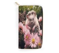 QWNMD Leather Wallets for Women Cute Hedgehog in Flowers Printed Wallet Purse Card Holder with Zipper Leather Clutch Wallet, Cute Hedgehog in Flowers, 7.8 x 4.1 x 1.4 inches, Modern