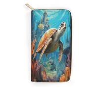 QWNMD Leather Wallets for Women Dolphins Sea Turtle Coral Reef Printed Wallet Purse Card Holder with Zipper Leather Clutch Wallet, Dolphins Sea Turtle Coral Reef, 7.8 x 4.1 x 1.4 inches, Modern
