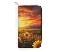 QWNMD Leather Wallets for Women Dreamlike Sunset Of A Sunflower Field Printed Wallet Purse Card Holder with Zipper Leather Clutch Wallet, Dreamlike Sunset Of A Sunflower Field, 7.8 x 4.1 x 1.4 inches,