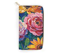 QWNMD Leather Wallets for Women Flower Diamond Paintings Printed Wallet Purse Card Holder with Zipper Leather Clutch Wallet, Flower Diamond Paintings, 7.8 x 4.1 x 1.4 inches, Modern