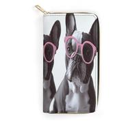 QWNMD Leather Wallets for Women French Bulldog Pink Glasses Printed Wallet Purse Card Holder with Zipper Leather Clutch Wallet, French Bulldog Pink Glasses, 7.8 x 4.1 x 1.4 inches, Modern