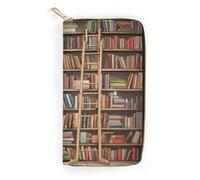 QWNMD Leather Wallets for Women Funny Book Shelves Collection And Ladder Printed Wallet Purse Card Holder with Zipper Leather Clutch Wallet, Funny Book Shelves Collection And Ladder, 7.8 x 4.1 x 1.4
