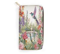 QWNMD Leather Wallets for Women Garden with Birds And Flowers Printed Wallet Purse Card Holder with Zipper Leather Clutch Wallet, Garden with Birds And Flowers, 7.8 x 4.1 x 1.4 inches, Modern