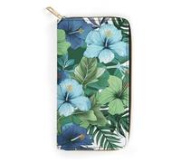 QWNMD Leather Wallets for Women Green And Blue Hibiscus Flowers Printed Wallet Purse Card Holder with Zipper Leather Clutch Wallet, Green And Blue Hibiscus Flowers, 7.8 x 4.1 x 1.4 inches, Modern