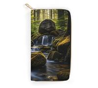 QWNMD Leather Wallets for Women Green Creek Printed Wallet Purse Card Holder with Zipper Leather Clutch Wallet, Green Creek, 7.8 x 4.1 x 1.4 inches, Modern